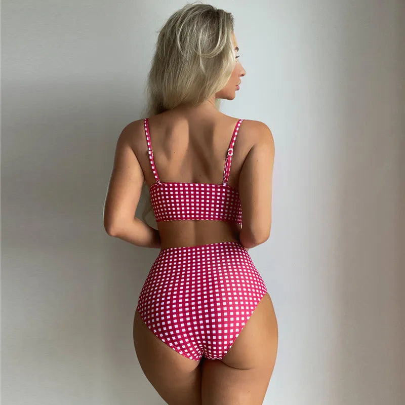 Women's high-waist bikini swimsuit with plaid split design on briefs and coordinating top