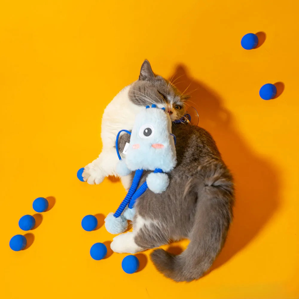 Blue plush elastic rope cat toy with mint bell measuring 30x30cm