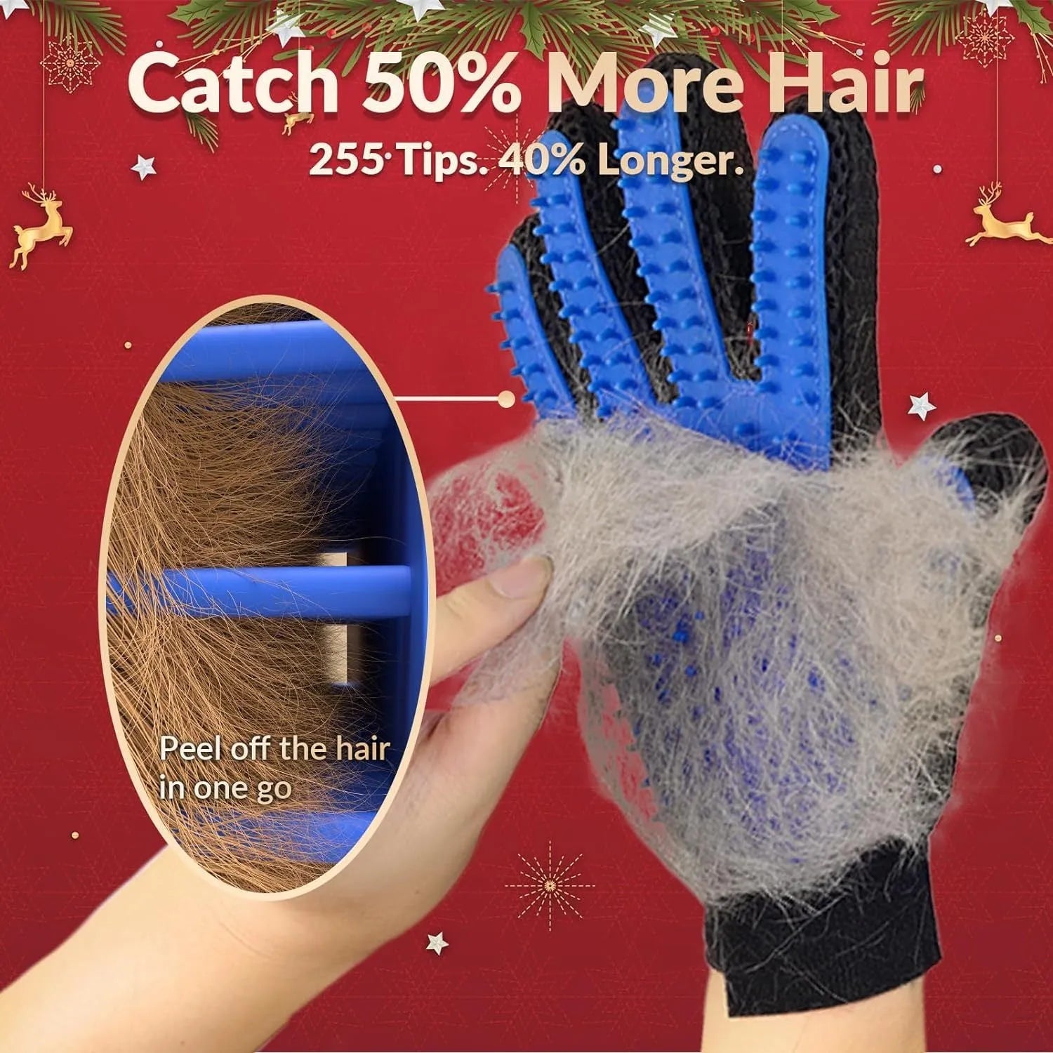 Blue silicone pet grooming gloves with silicone tips for removing hair from dogs and cats.