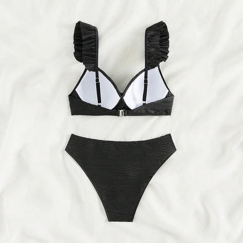 Women's solid colour bikini swimsuit in black or khaki, made from polyester fibre
