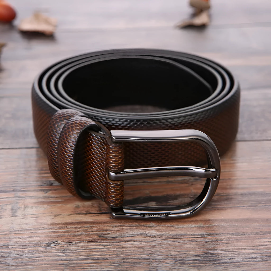 Men's black business belt with alloy pin buckle on imitation leather strap