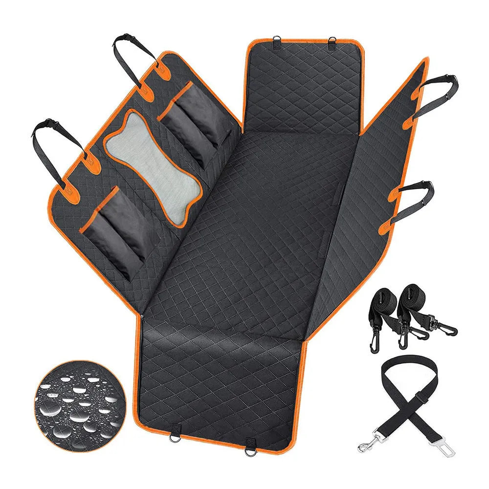Black orange edge waterproof pet car mat with mesh window and accessory pocket