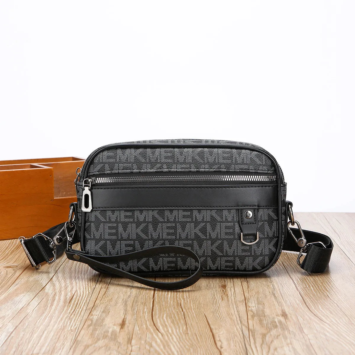 Men's black geometric pattern PU messenger bag shown horizontally with shoulder strap
