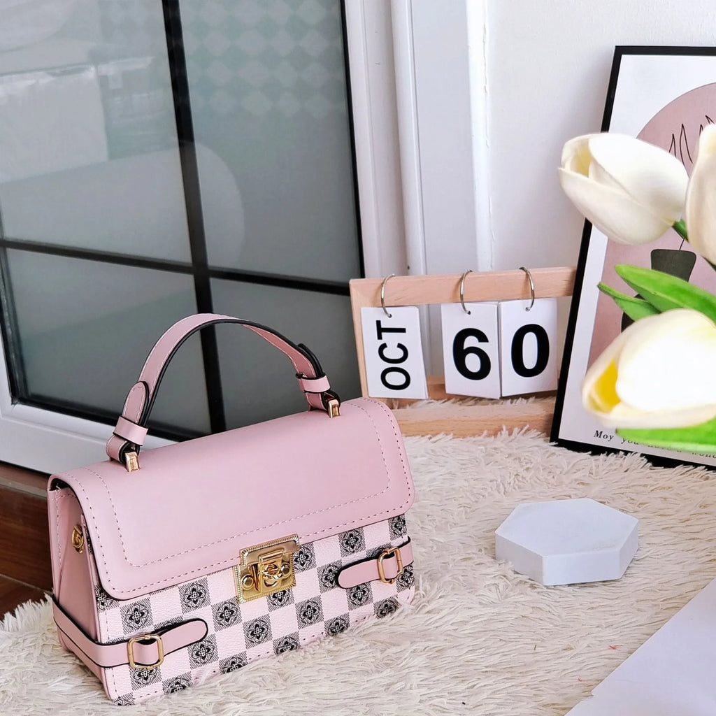 Retro square crossbody bag with floral stitching and plaid patterns in apricot colour