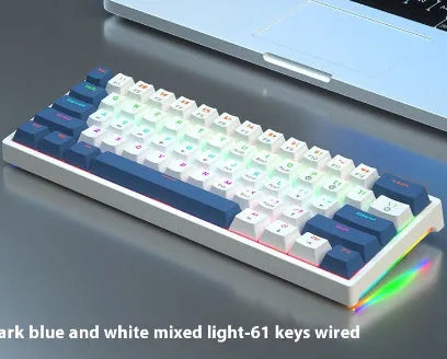 Blue and white 61-key mechanical keyboard with compact layout and hot-swappable switches