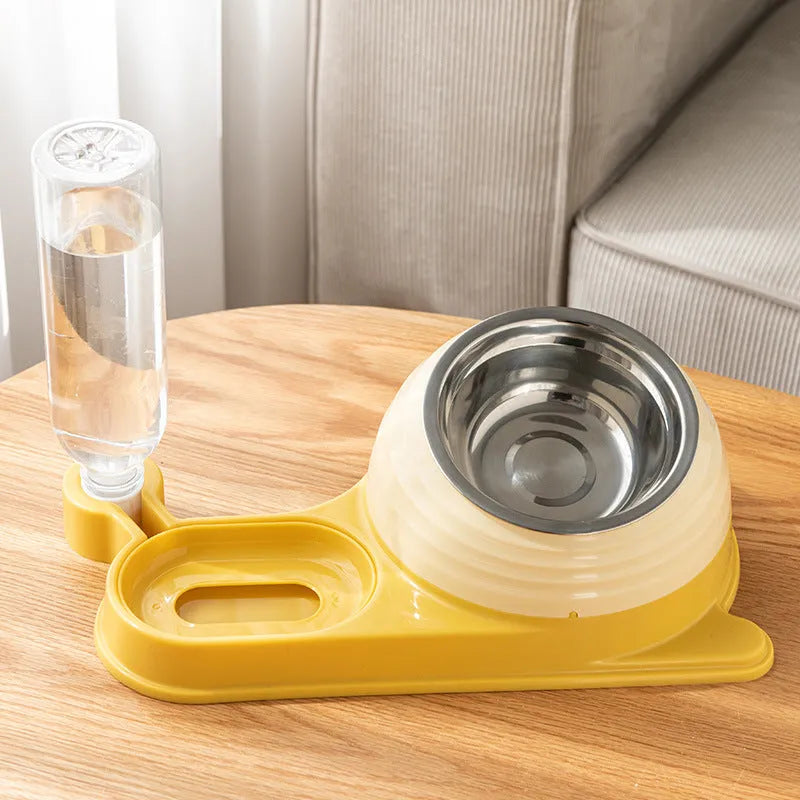 Raised cat food bowl with automatic water dispenser in brown colour