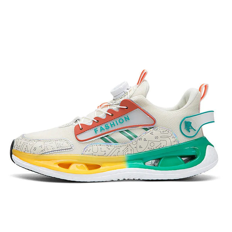 Men's low-top mesh sports shoes in beige orange, black, and white grey colour options with elastic band closure.