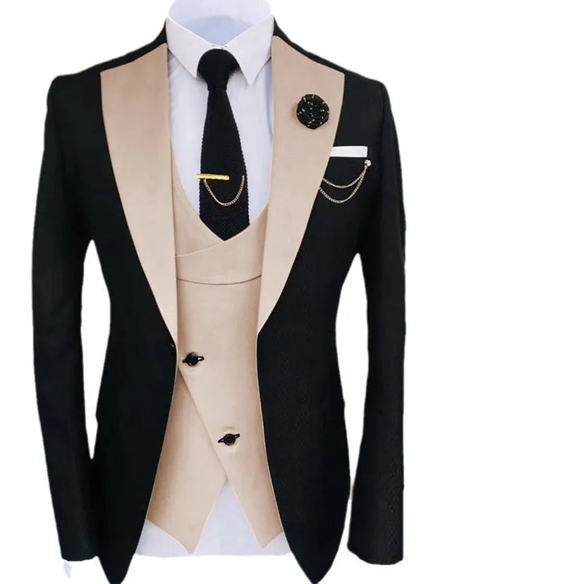 Men's slim fit cotton three-piece suit in light business style for weddings, showing coat, vest, and trousers.