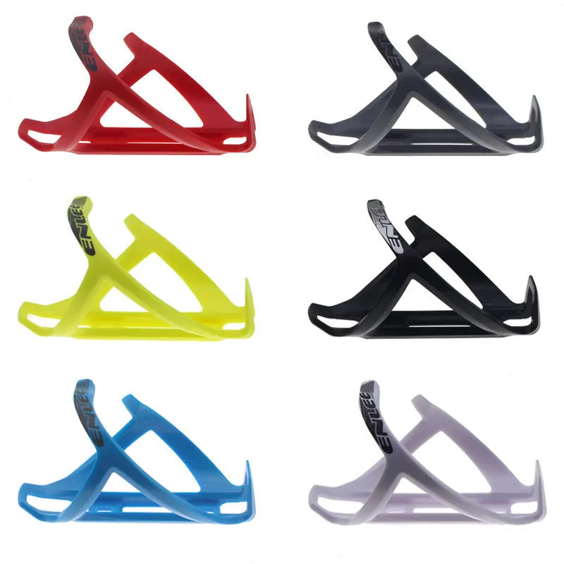 TPR plastic mountain bike water bottle cage shown in fluorescent yellow and other colour options.