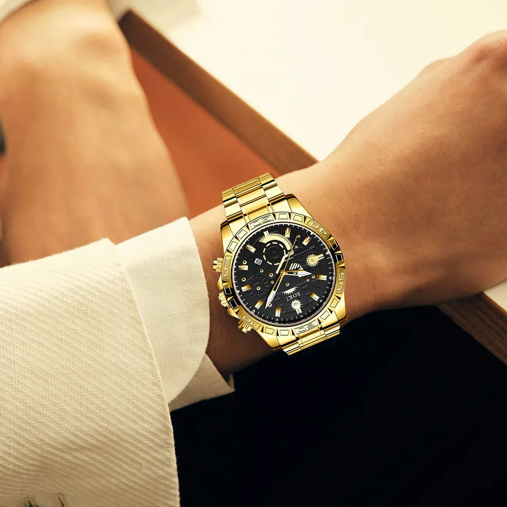 Men's gold-coloured business quartz watch with stainless steel strap on wrist