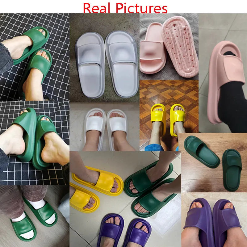 Thick-soled EVA flip-flop slippers in various colours on a white background.