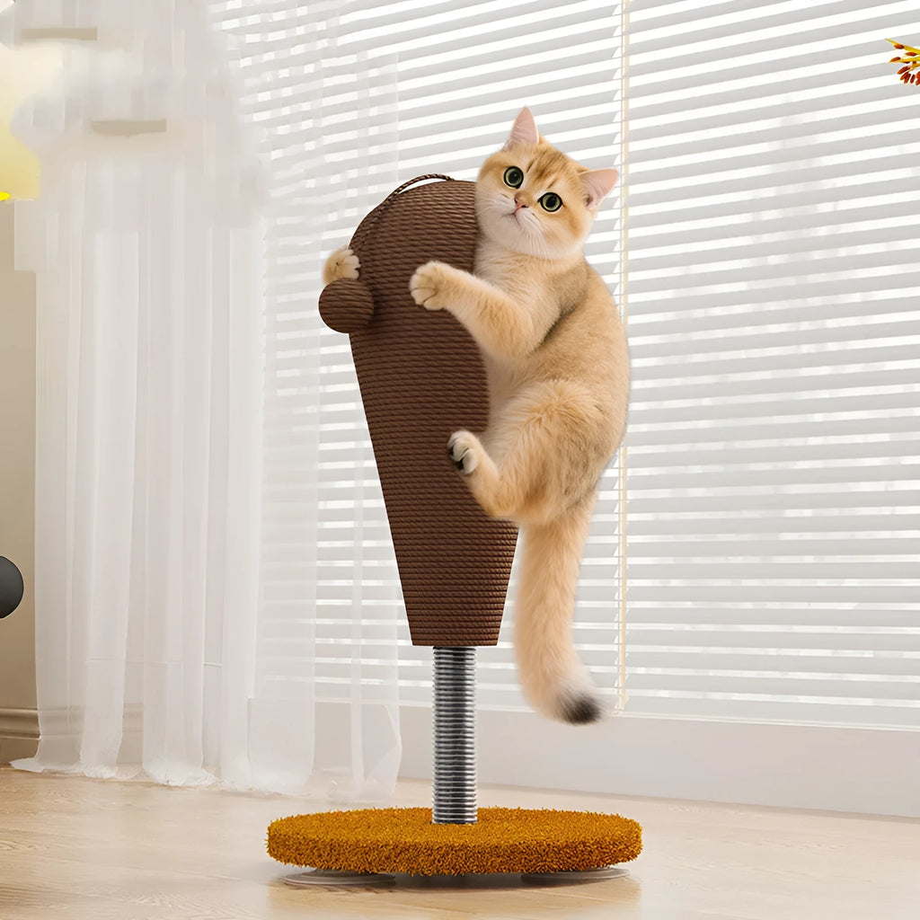 A hemp rope cat scratching board, shown with a choice of cat grasping ball or tumbler accessory.
