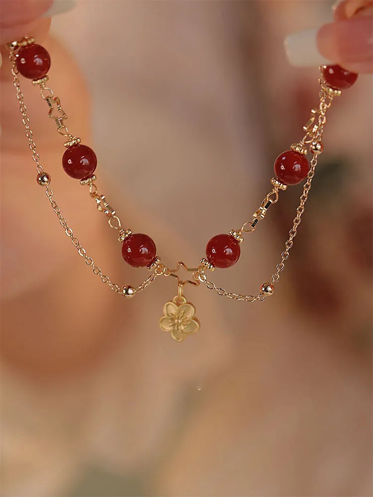 Red agate double layer bracelet with floral motifs for women's ethnic jewellery