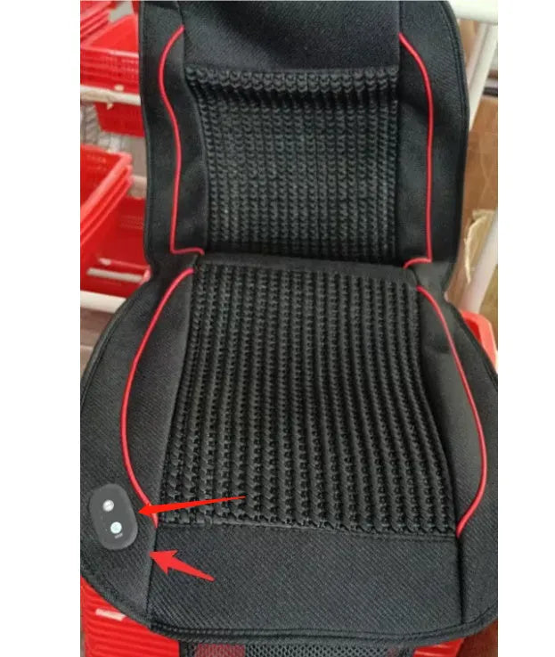 Black car ventilation seat cushion with massage function showing 60x60cm dimensions on car seat
