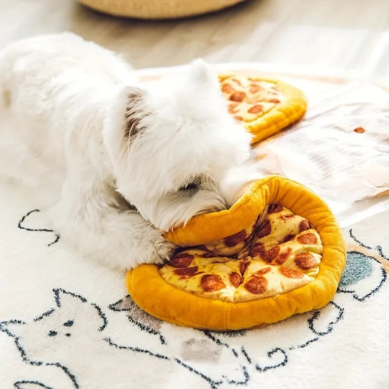 Yellow teddy pizza slice dog chew toy with textured surface and squeaker, 17 cm long.
