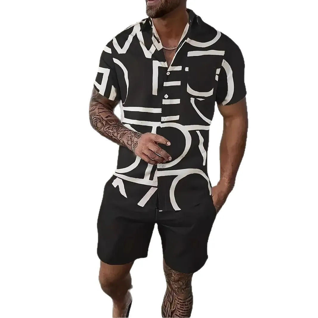 Men's Hawaiian shirt and shorts set with 3D printed tropical pattern design