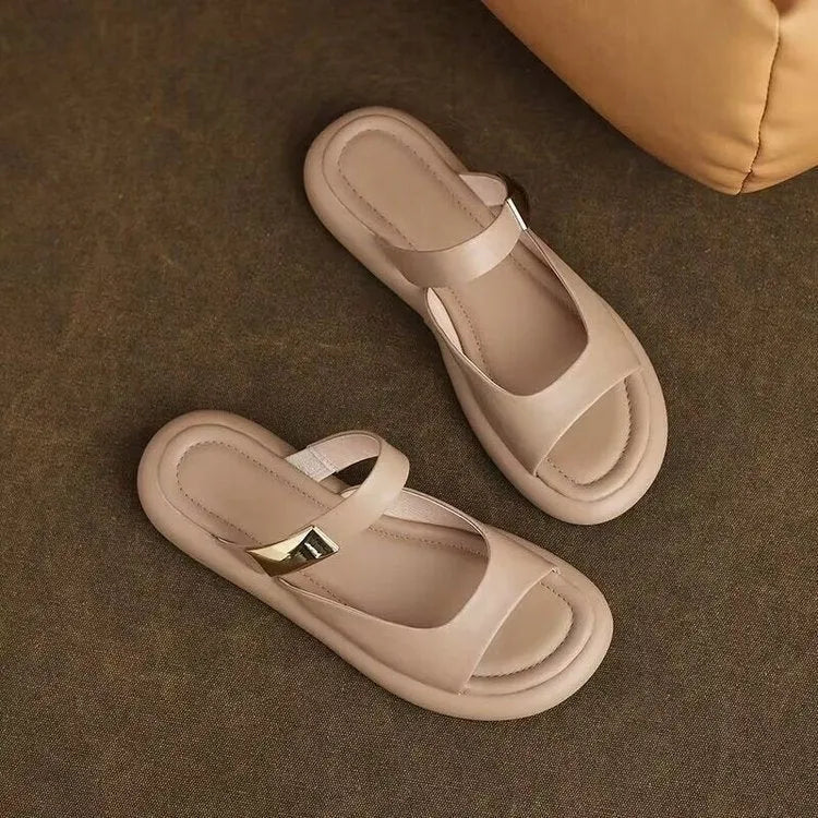 Women's apricot peep toe flat platform sandals made from French soft leather with a rubber sole.