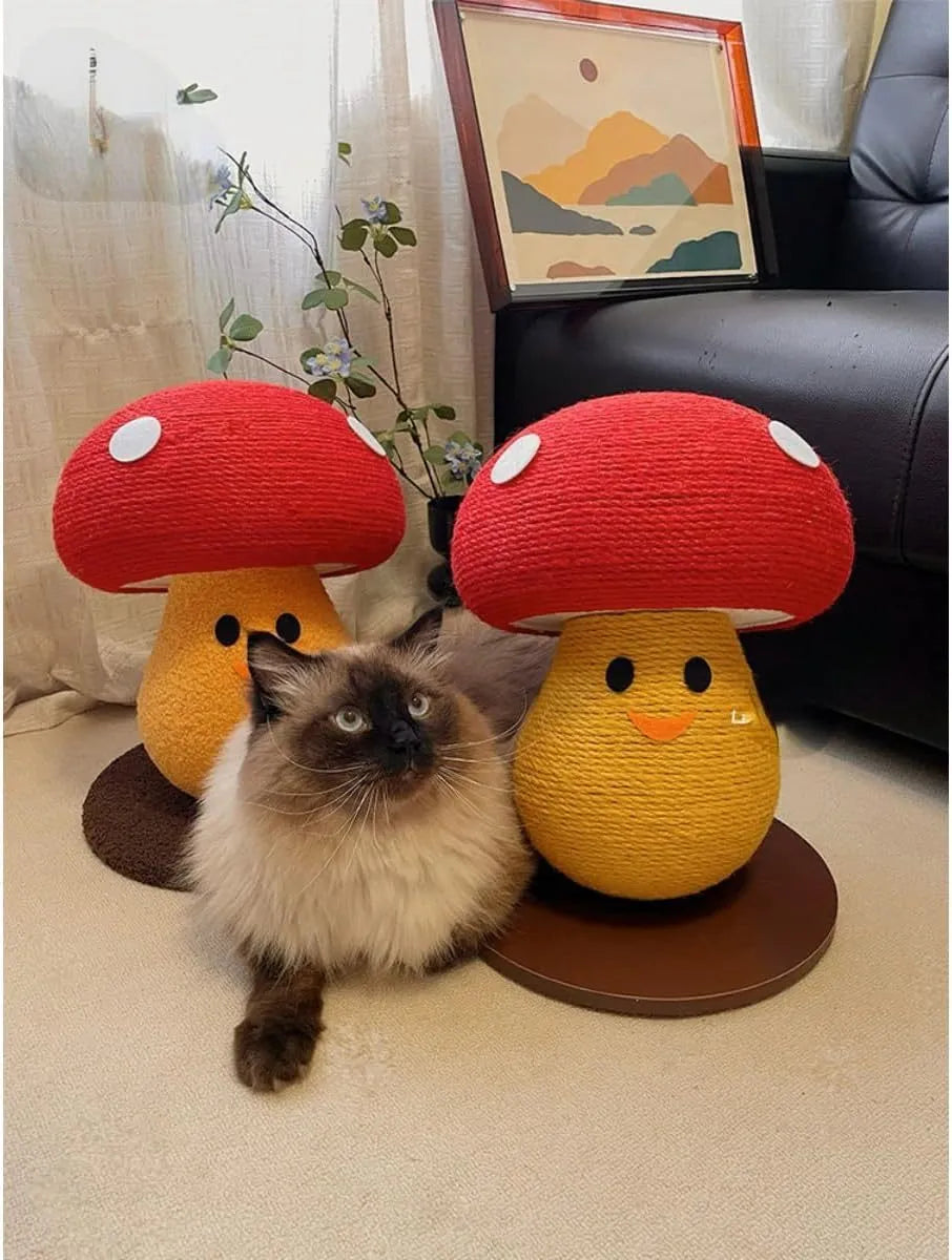 Foldable mushroom-shaped cardboard cat scratcher with accordion design on a floor