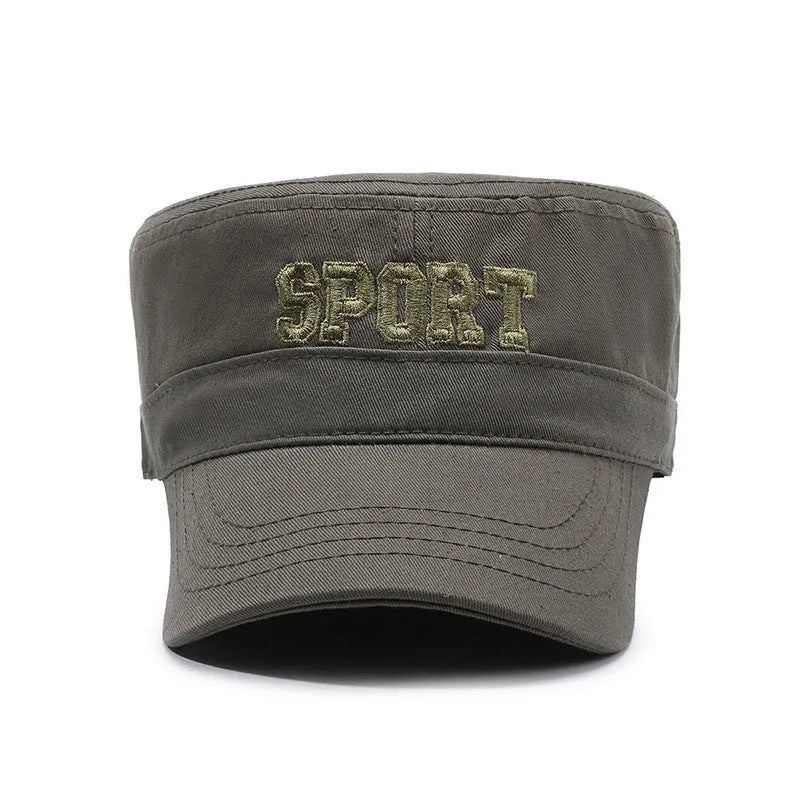 Cotton adjustable flat-top peaked cap for men in multiple colours with English letter detail.