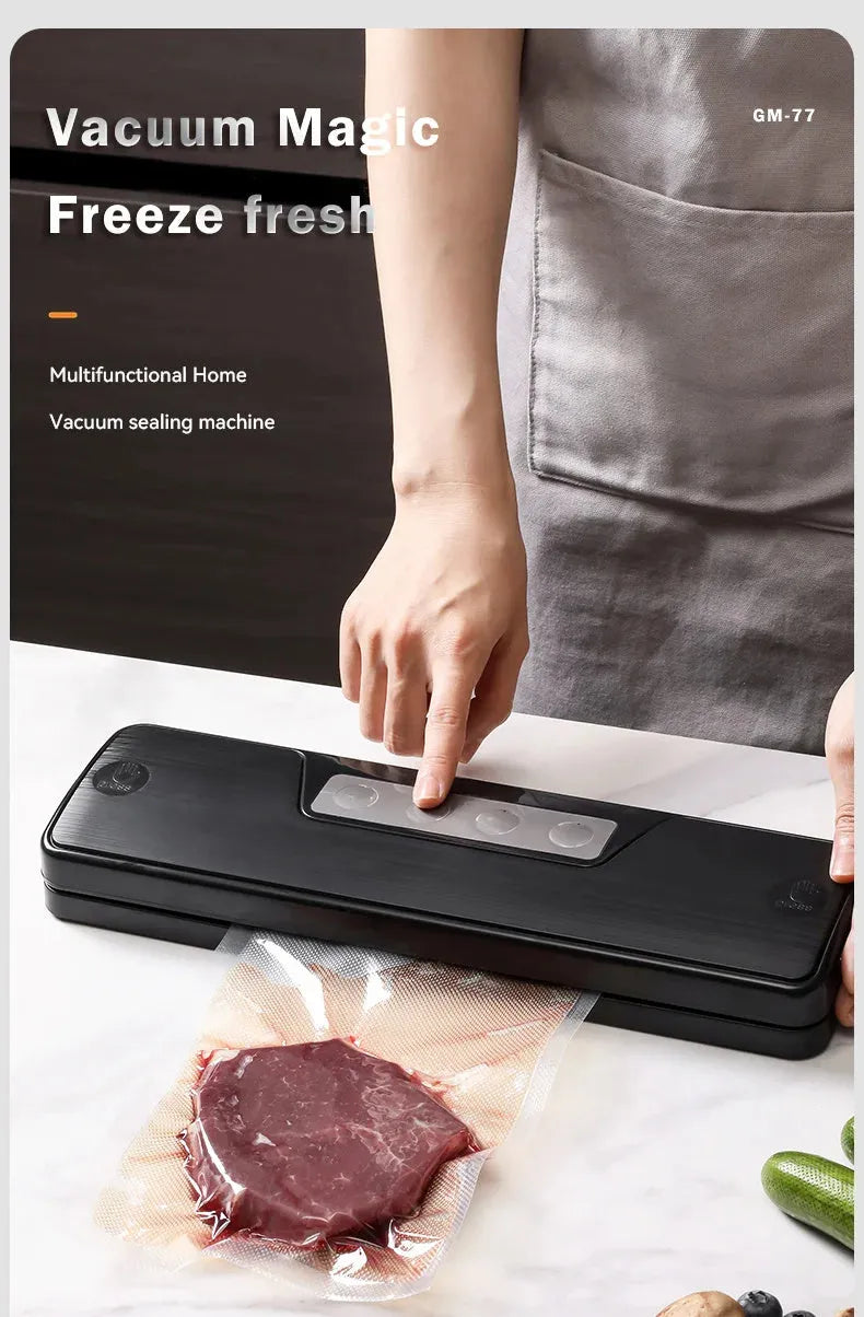 Compact black automatic vacuum sealer machine for household food preservation and document protection