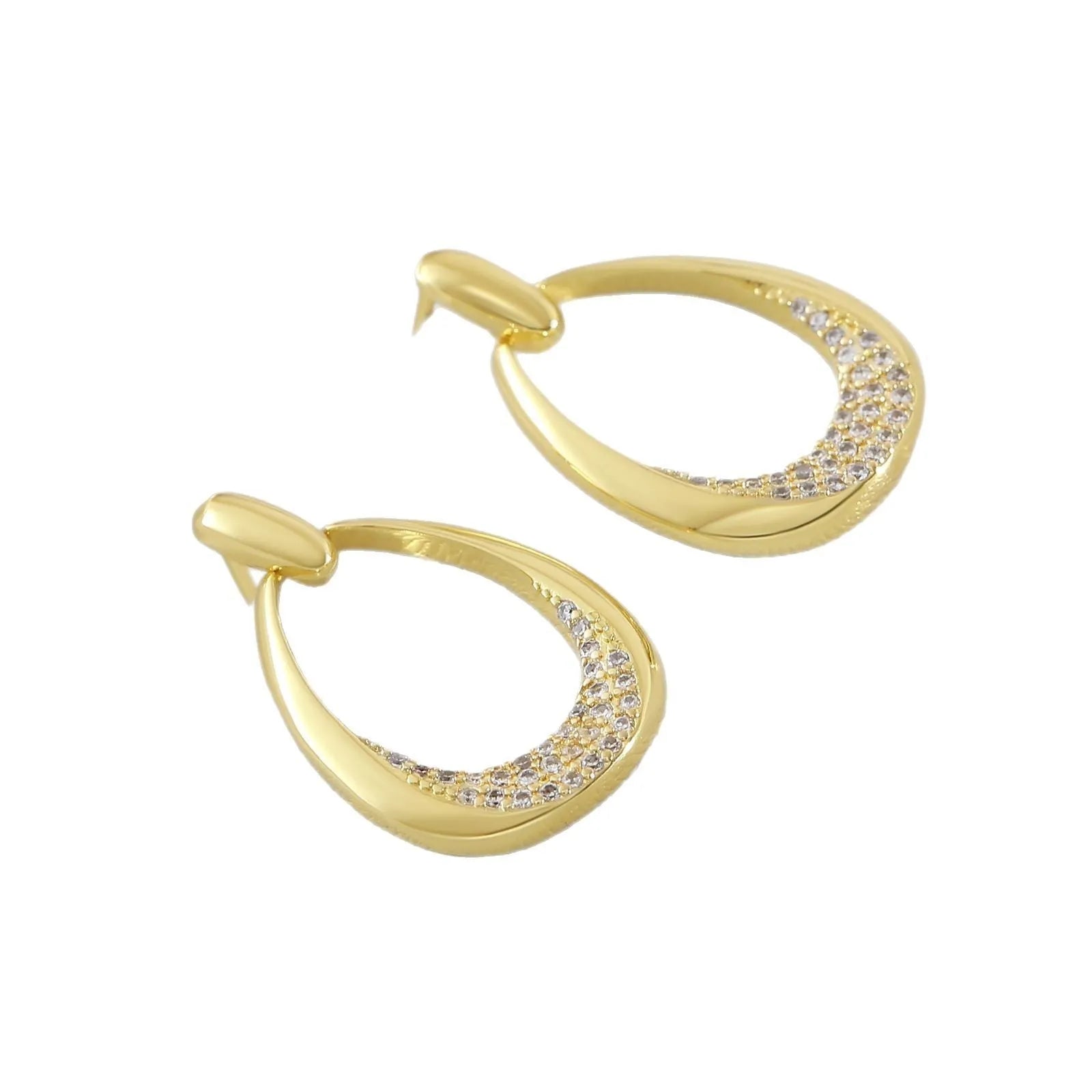 Women's copper geometric drop earrings with zircon details and electroplated yellow gold finish