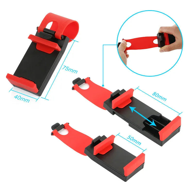 Black car steering wheel clip mount holding mobile phone for hands-free navigation
