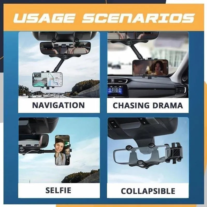 Black rearview mirror car phone holder showing 360-degree rotation and telescopic arm extension.