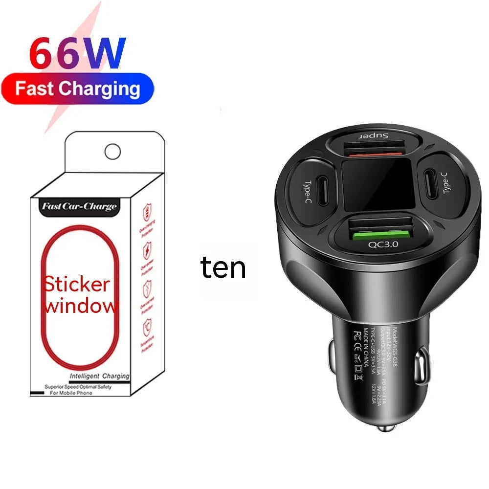 Black digital display car charger with two USB ports and two Type-C ports