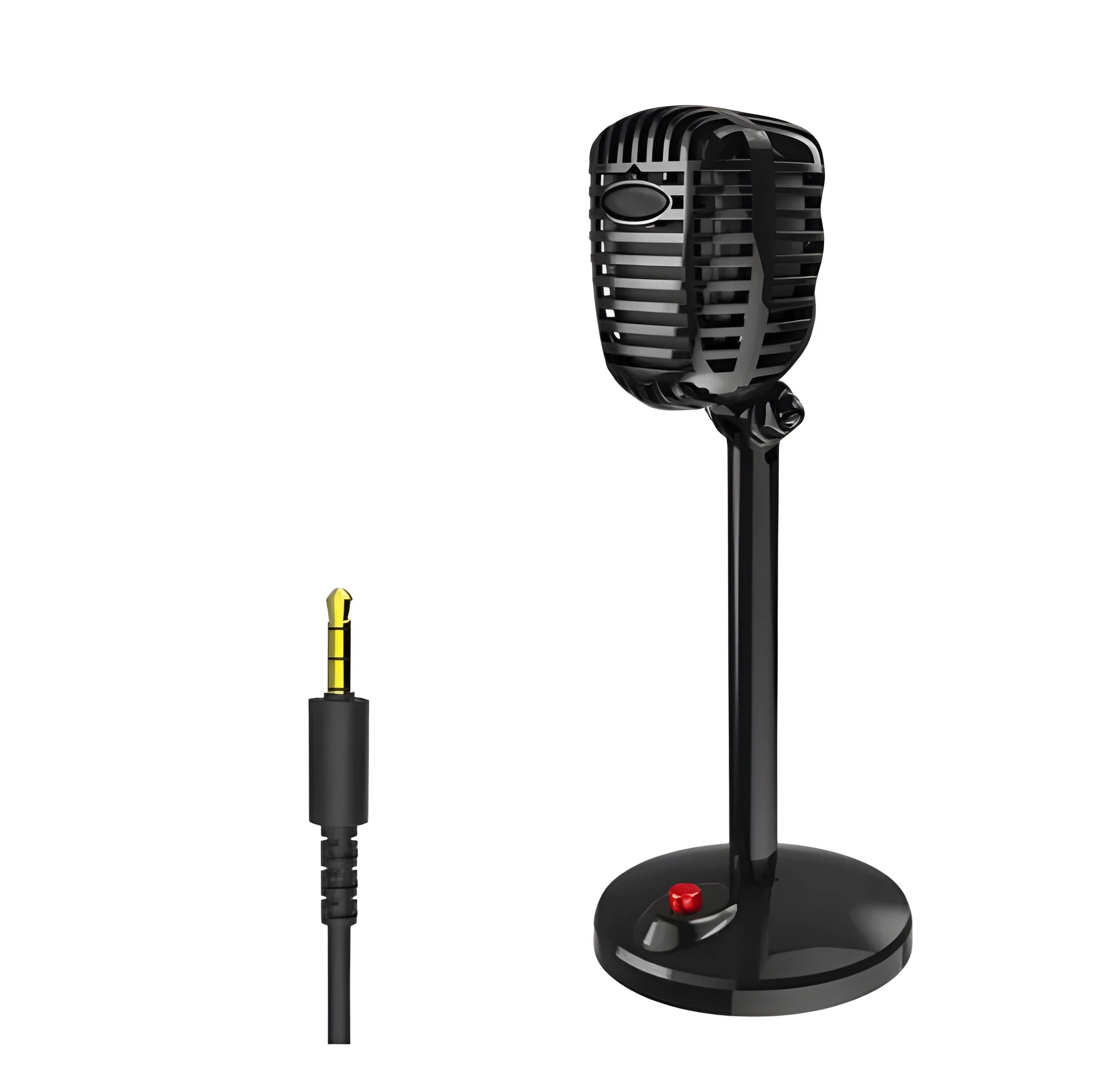 Black USB computer microphone on an adjustable stand with a weighted base.