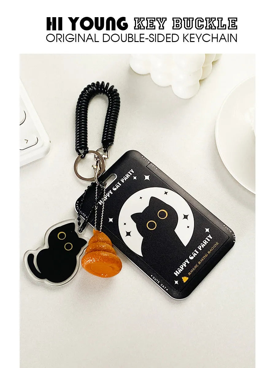 Cute little black cat cartoon design plastic card holder with ferrule pendant.