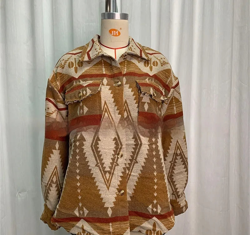 Women's loose-fit Aztec print retro wool coat in army green