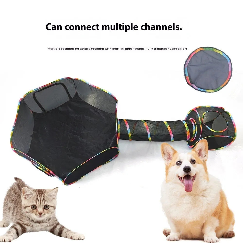 Foldable mesh cat cage with plush toy bed in multiple style configurations