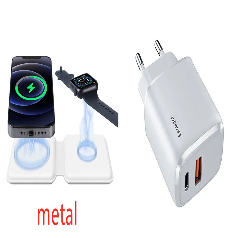 White foldable magnetic wireless charging dock showing dual charging surfaces and compact folded design