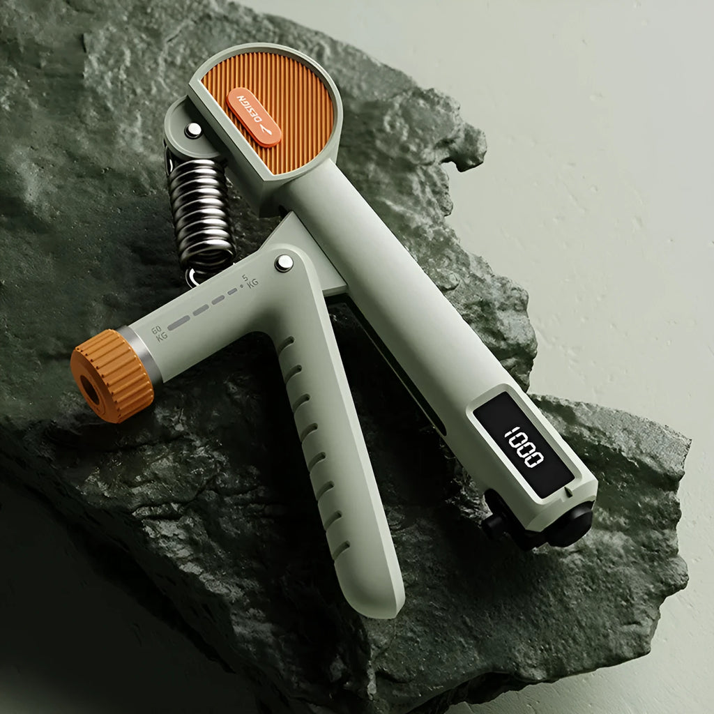Adjustable count spring hand grip strength trainer in ivory white, black, or green.