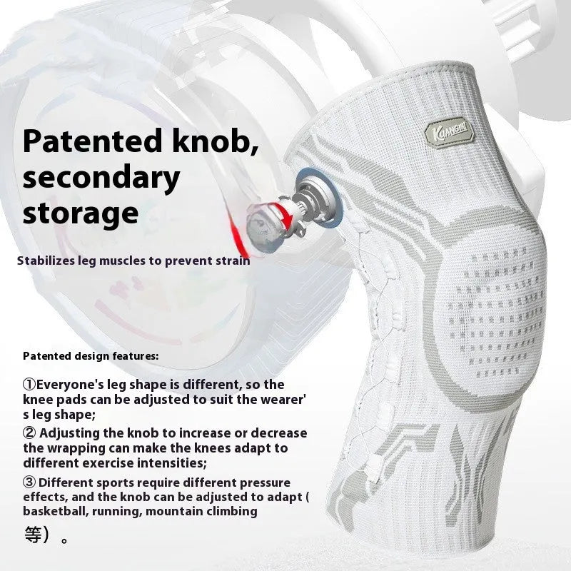 Grey and white sports knee pad with adjustable strap and silicone anti-slip strip for basketball and running.