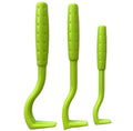 Three plastic pet tick removal hooks in blue or green colours for dog and cat grooming
