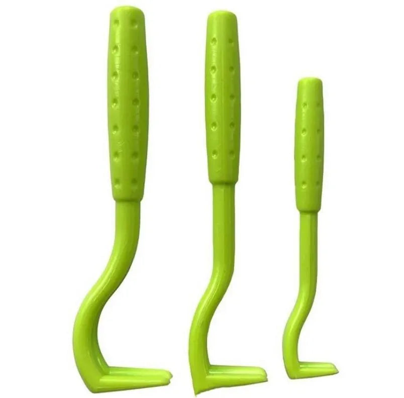 Three plastic pet tick removal hooks in blue or green colours for dog and cat grooming