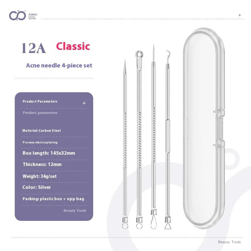 Four silver metal acne needles with ultra-fine pointed tips for skincare treatment.