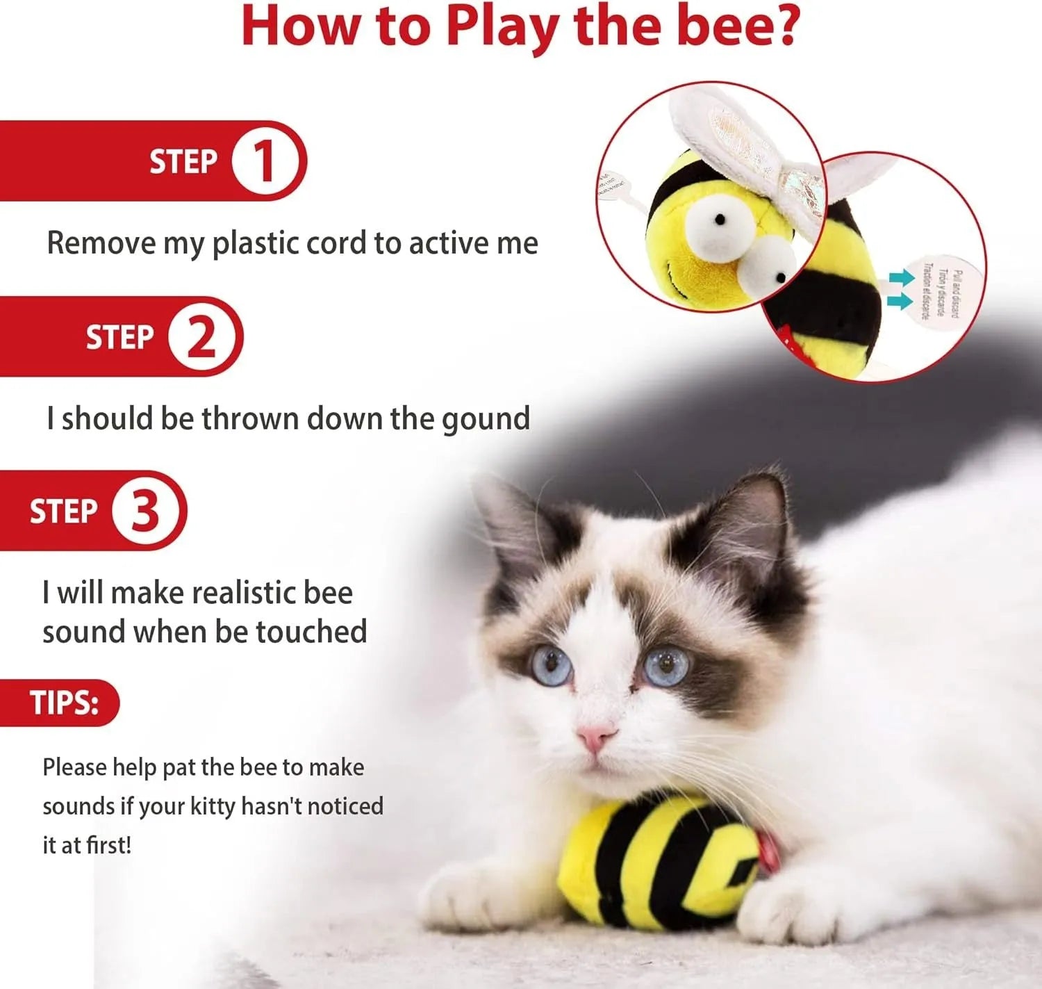 Yellow bee-shaped electronic cat toy with motion-activated chirping sound function
