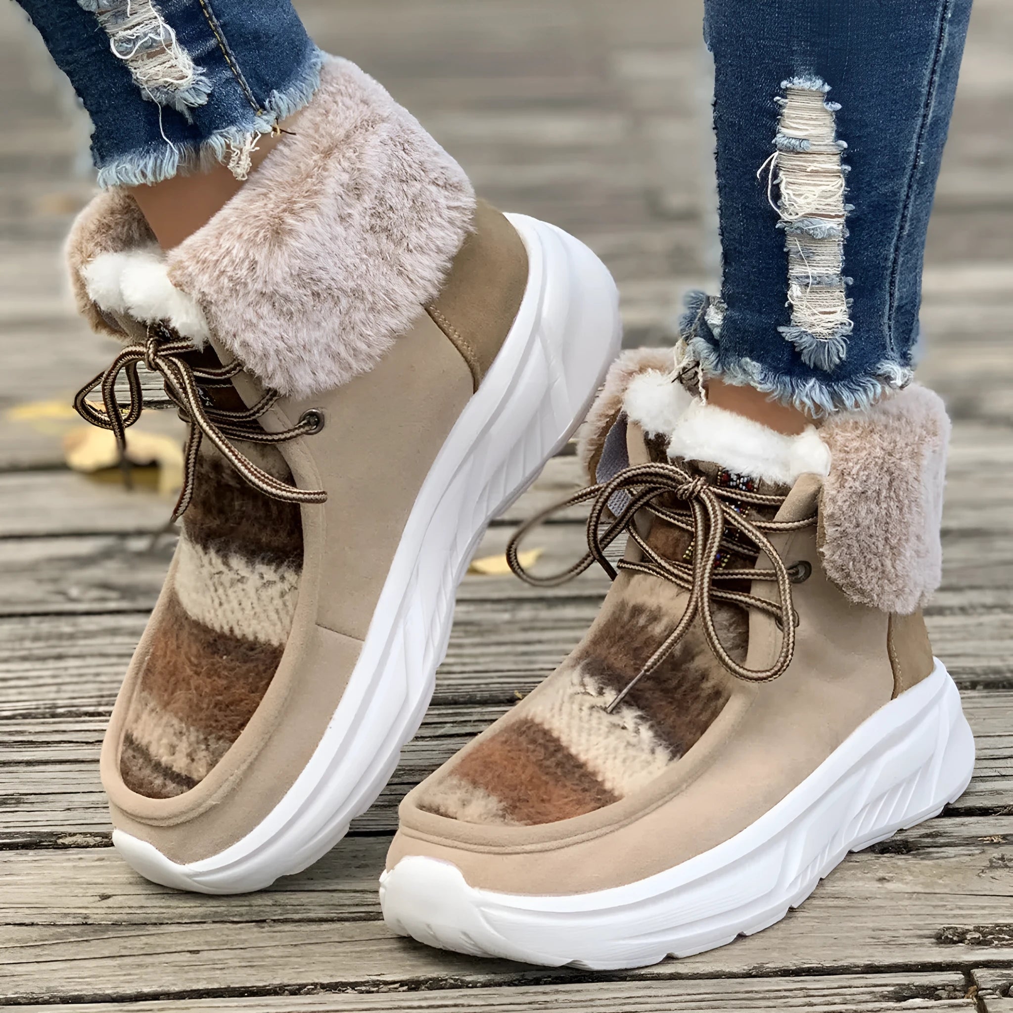 Women's beige lace-up snow boots with suede upper and thermal plush lining