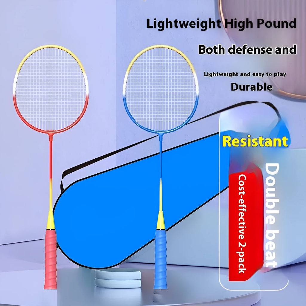 Pair of blue and red ultra-light alloy badminton rackets on a neutral background.