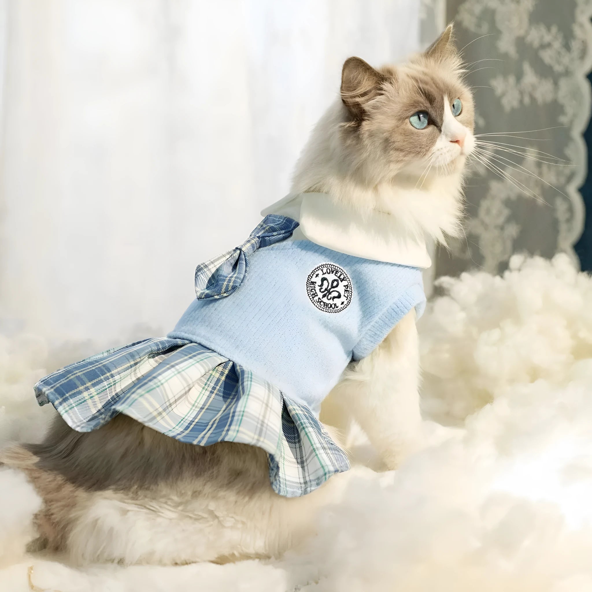 Tartan pattern princess style skirt for small dogs and cats in pink, blue, or green.