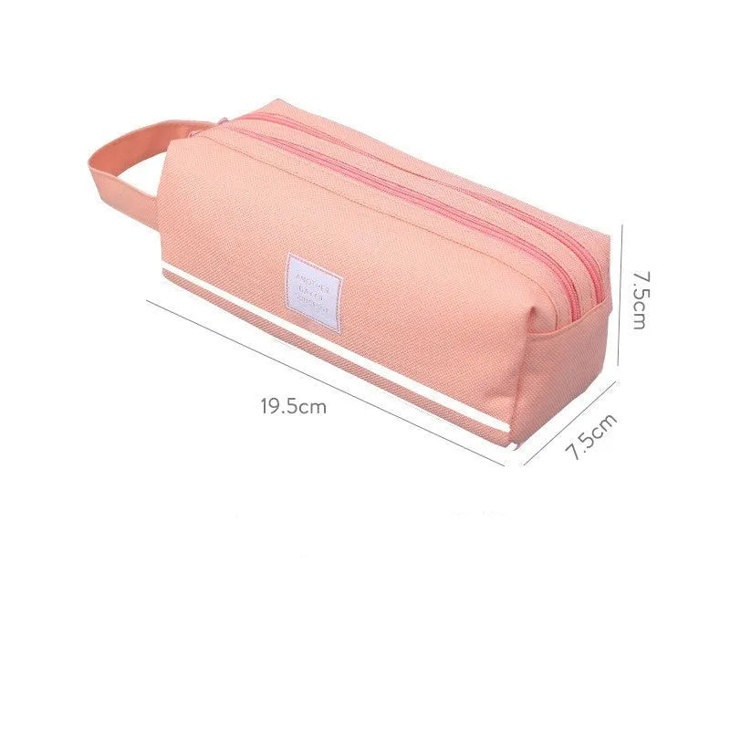 Double-layer Oxford cloth stationery box for junior high school students with double zipper, 63g, shown in Blue, Green, Grey, Pink and Yellow