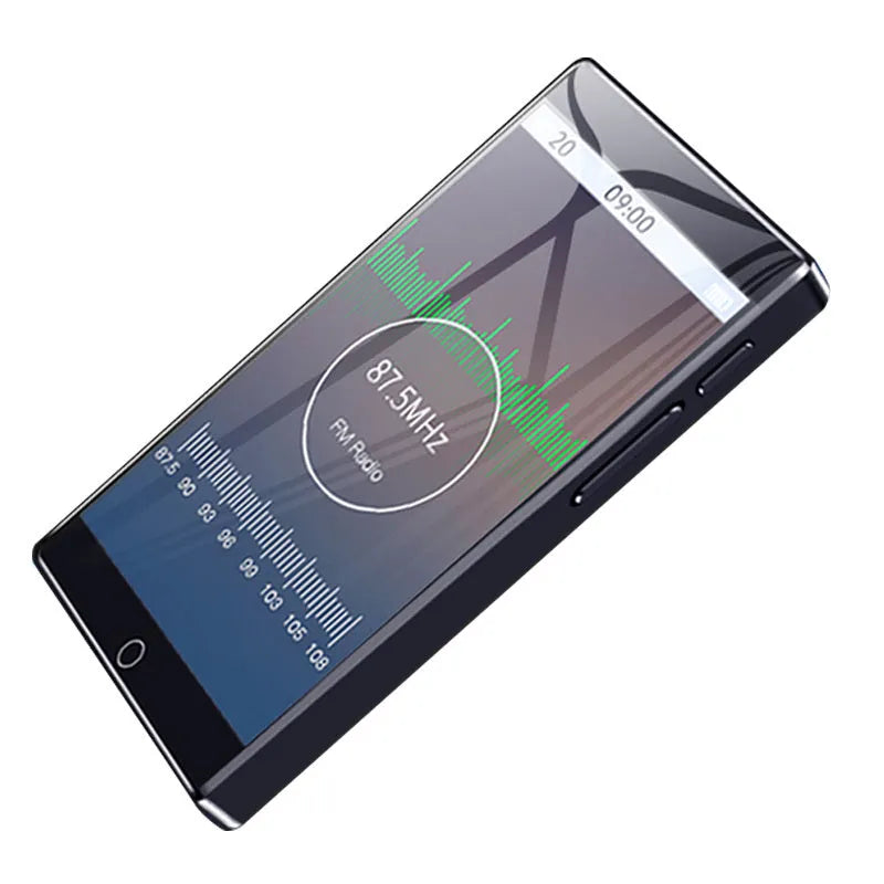 Black Ruizu H1 slim MP3 MP4 player with 4-inch touch screen showing media interface.