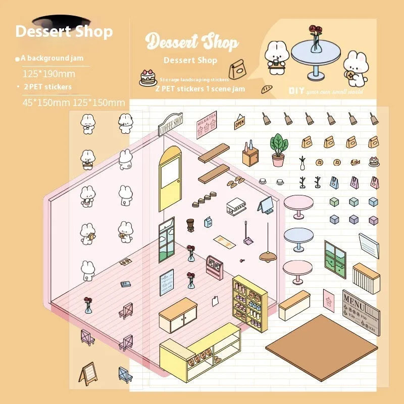 Capabala cut-free PET cartoon stickers showing eight different scene designs including a pink restaurant and a blue fruit shop