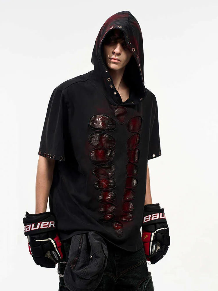 Black men's hooded short-sleeve T-shirt with sequin detailing, loose fit