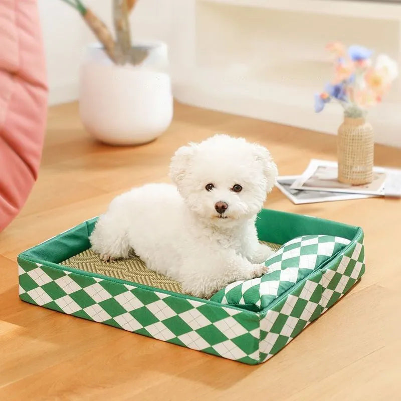 Natural rattan cat litter mat with anti-slip base, shown in blue, serving as a pet bed