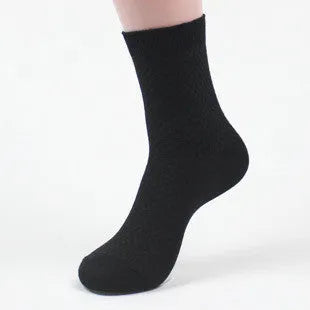 Men's bamboo fibre socks with a small square pattern in black, grey blue, iron grey, navy blue, and silver grey.