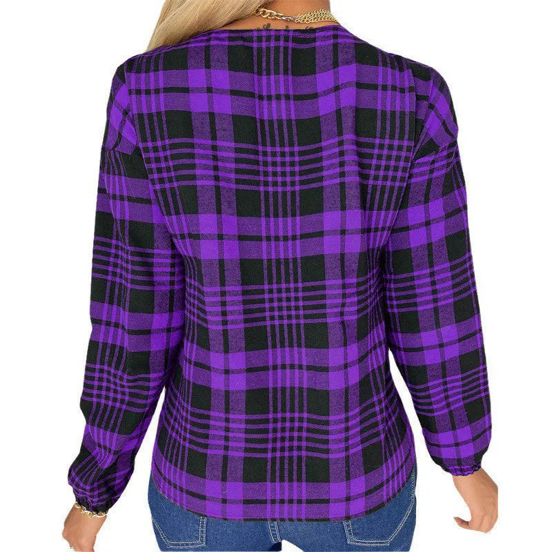 Women's loose purple, grey, and red plaid casual shirt with regular sleeves