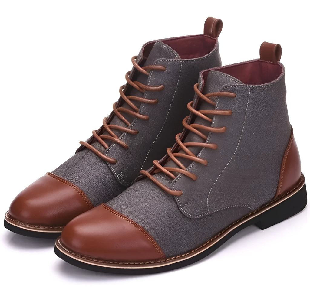 Men's black leather motorcycle boots with metal buckle detail on the side.